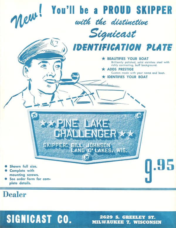 Advertisement for Signicast selling metal boat transoms